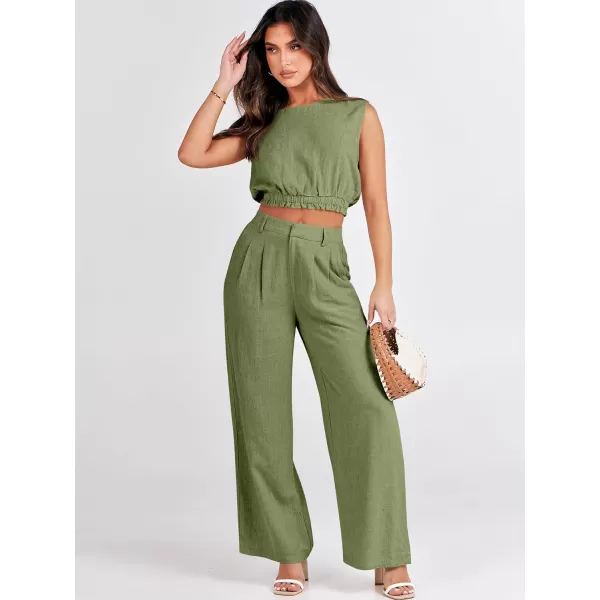 imageANRABESS Womens 2 Piece Outfits Linen Crop Tank Top Lounge Matching Sets amp Wide Leg Pants Tracksuits with PocketsOlive