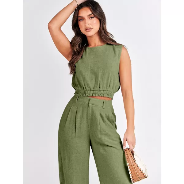 imageANRABESS Womens 2 Piece Outfits Linen Crop Tank Top Lounge Matching Sets amp Wide Leg Pants Tracksuits with PocketsOlive