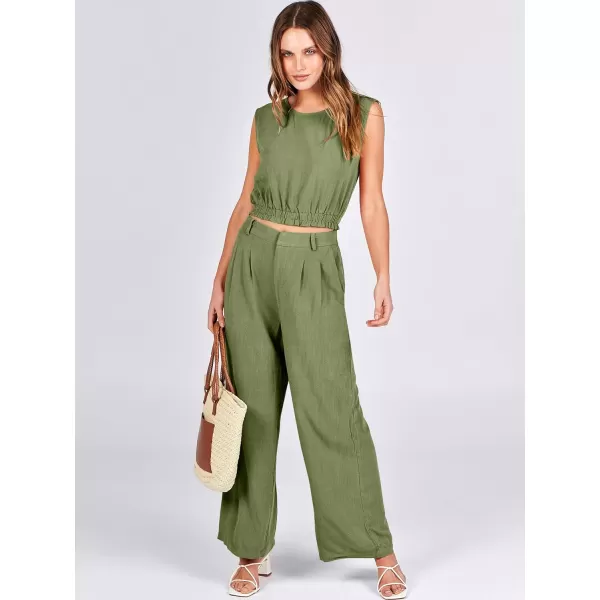 imageANRABESS Womens 2 Piece Outfits Linen Crop Tank Top Lounge Matching Sets amp Wide Leg Pants Tracksuits with PocketsOlive