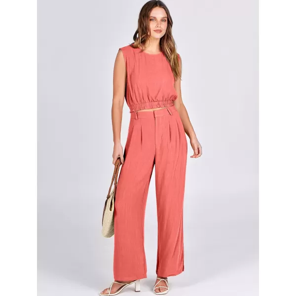 imageANRABESS Womens 2 Piece Outfits Linen Crop Tank Top Lounge Matching Sets amp Wide Leg Pants Tracksuits with PocketsPeach