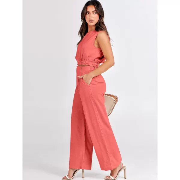imageANRABESS Womens 2 Piece Outfits Linen Crop Tank Top Lounge Matching Sets amp Wide Leg Pants Tracksuits with PocketsPeach
