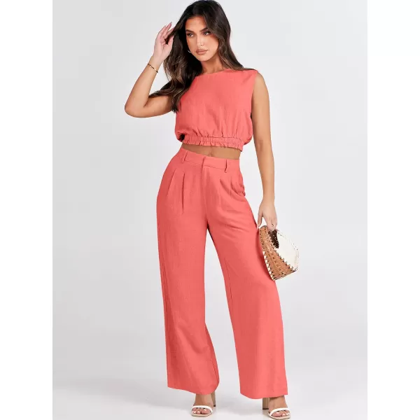 imageANRABESS Womens 2 Piece Outfits Linen Crop Tank Top Lounge Matching Sets amp Wide Leg Pants Tracksuits with PocketsPeach