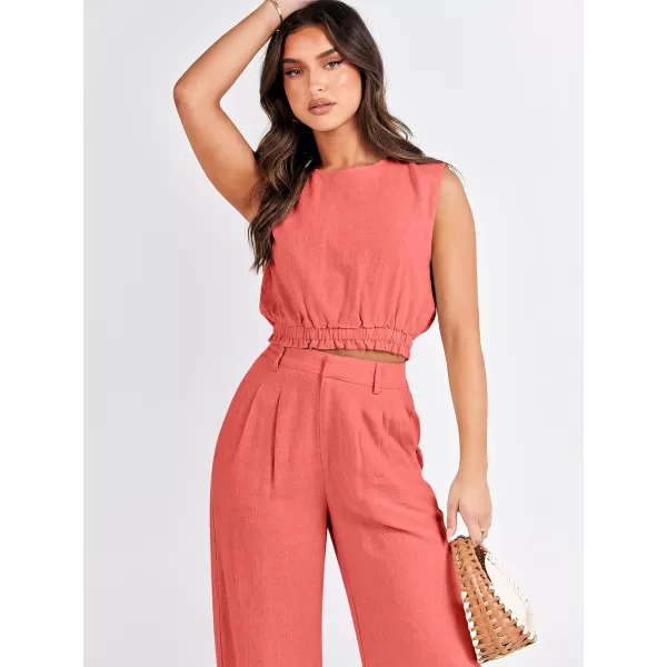 imageANRABESS Womens 2 Piece Outfits Linen Crop Tank Top Lounge Matching Sets amp Wide Leg Pants Tracksuits with PocketsPeach