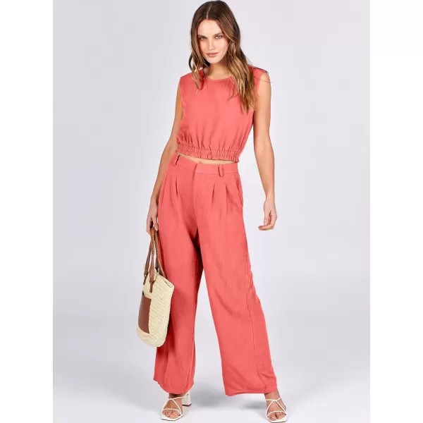 imageANRABESS Womens 2 Piece Outfits Linen Crop Tank Top Lounge Matching Sets amp Wide Leg Pants Tracksuits with PocketsPeach