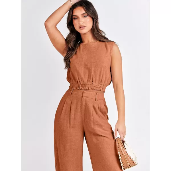 imageANRABESS Womens 2 Piece Outfits Linen Crop Tank Top Lounge Matching Sets amp Wide Leg Pants Tracksuits with PocketsRust