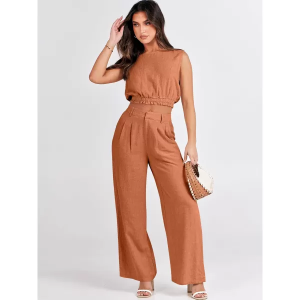 imageANRABESS Womens 2 Piece Outfits Linen Crop Tank Top Lounge Matching Sets amp Wide Leg Pants Tracksuits with PocketsRust