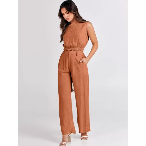 imageANRABESS Womens 2 Piece Outfits Linen Crop Tank Top Lounge Matching Sets amp Wide Leg Pants Tracksuits with PocketsRust