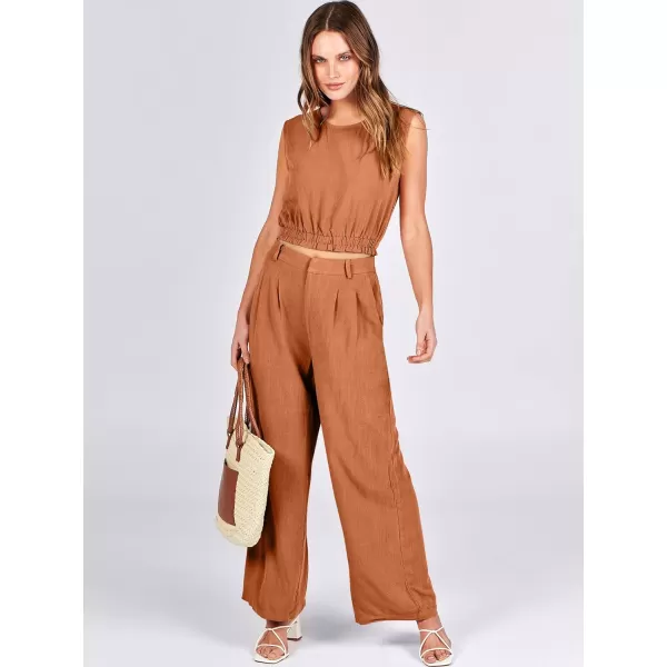 imageANRABESS Womens 2 Piece Outfits Linen Crop Tank Top Lounge Matching Sets amp Wide Leg Pants Tracksuits with PocketsRust