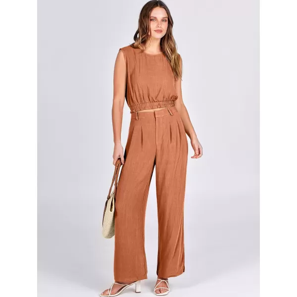 imageANRABESS Womens 2 Piece Outfits Linen Crop Tank Top Lounge Matching Sets amp Wide Leg Pants Tracksuits with PocketsRust
