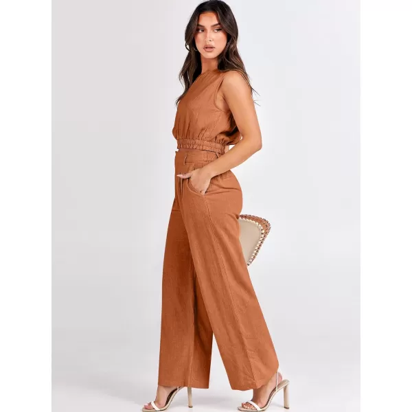 imageANRABESS Womens 2 Piece Outfits Linen Crop Tank Top Lounge Matching Sets amp Wide Leg Pants Tracksuits with PocketsRust