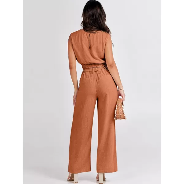 imageANRABESS Womens 2 Piece Outfits Linen Crop Tank Top Lounge Matching Sets amp Wide Leg Pants Tracksuits with PocketsRust