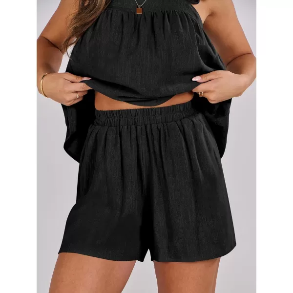 imageANRABESS Womens 2 Piece Outfits Linen Set 2024 Summer Cami Sleeveless Crop Top Shorts Vacation Matching Lounge SetBlack