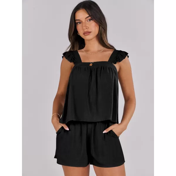imageANRABESS Womens 2 Piece Outfits Linen Set 2024 Summer Cami Sleeveless Crop Top Shorts Vacation Matching Lounge SetBlack