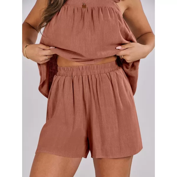 imageANRABESS Womens 2 Piece Outfits Linen Set 2024 Summer Cami Sleeveless Crop Top Shorts Vacation Matching Lounge SetBrick Red