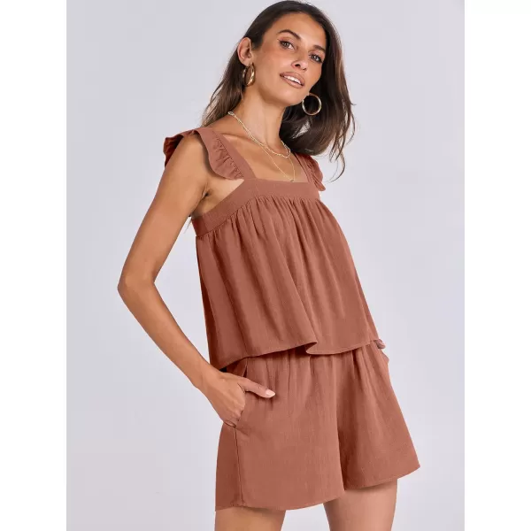 imageANRABESS Womens 2 Piece Outfits Linen Set 2024 Summer Cami Sleeveless Crop Top Shorts Vacation Matching Lounge SetBrick Red