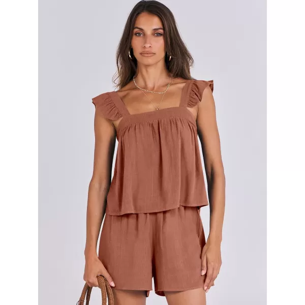 imageANRABESS Womens 2 Piece Outfits Linen Set 2024 Summer Cami Sleeveless Crop Top Shorts Vacation Matching Lounge SetBrick Red