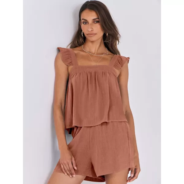 imageANRABESS Womens 2 Piece Outfits Linen Set 2024 Summer Cami Sleeveless Crop Top Shorts Vacation Matching Lounge SetBrick Red