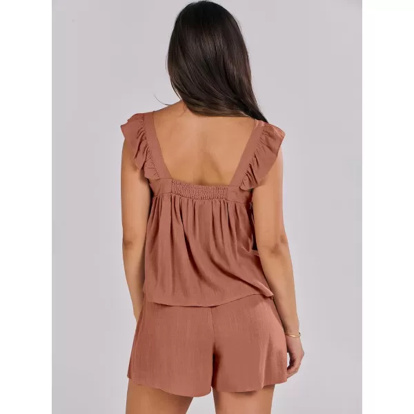 imageANRABESS Womens 2 Piece Outfits Linen Set 2024 Summer Cami Sleeveless Crop Top Shorts Vacation Matching Lounge SetBrick Red