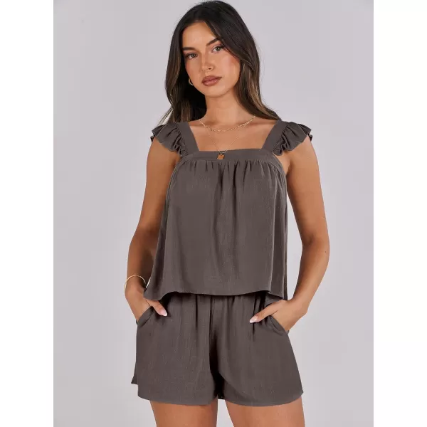 imageANRABESS Womens 2 Piece Outfits Linen Set 2024 Summer Cami Sleeveless Crop Top Shorts Vacation Matching Lounge SetCoffee
