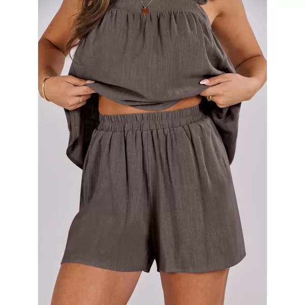 imageANRABESS Womens 2 Piece Outfits Linen Set 2024 Summer Cami Sleeveless Crop Top Shorts Vacation Matching Lounge SetCoffee