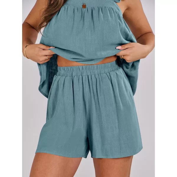 imageANRABESS Womens 2 Piece Outfits Linen Set 2024 Summer Cami Sleeveless Crop Top Shorts Vacation Matching Lounge SetLake