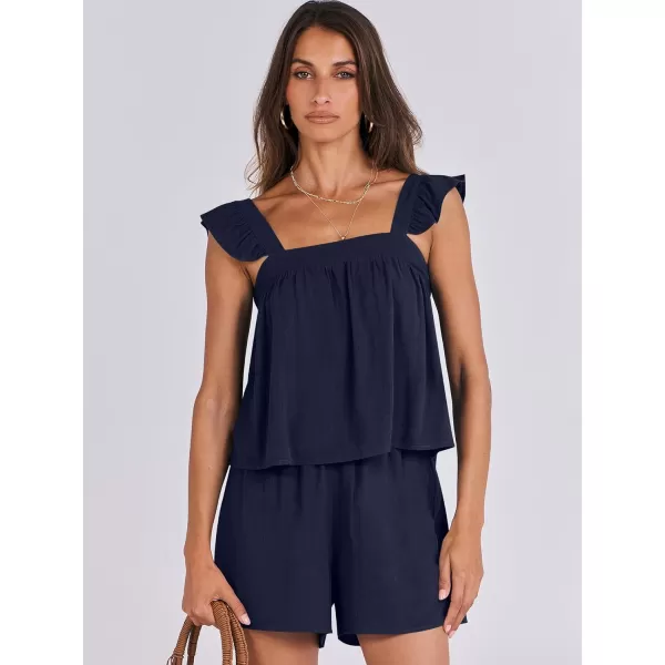 imageANRABESS Womens 2 Piece Outfits Linen Set 2024 Summer Cami Sleeveless Crop Top Shorts Vacation Matching Lounge SetNavy Blue