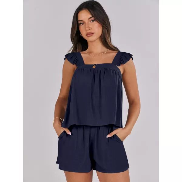imageANRABESS Womens 2 Piece Outfits Linen Set 2024 Summer Cami Sleeveless Crop Top Shorts Vacation Matching Lounge SetNavy Blue