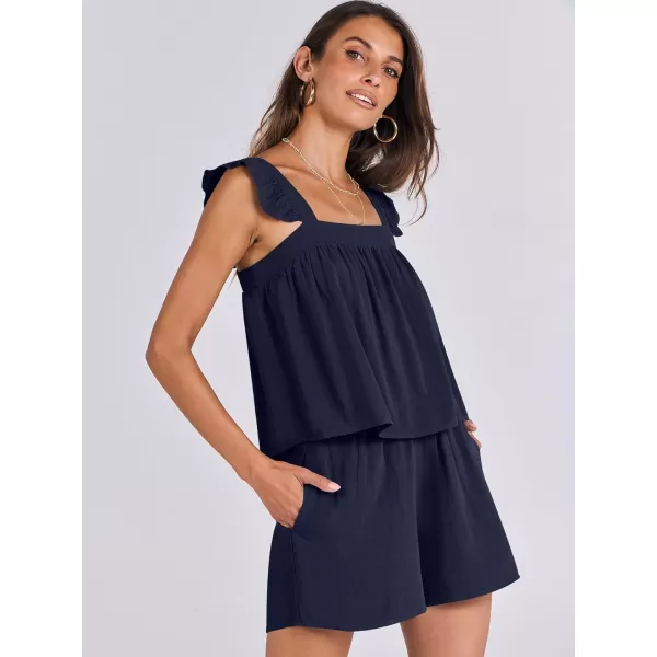 imageANRABESS Womens 2 Piece Outfits Linen Set 2024 Summer Cami Sleeveless Crop Top Shorts Vacation Matching Lounge SetNavy Blue