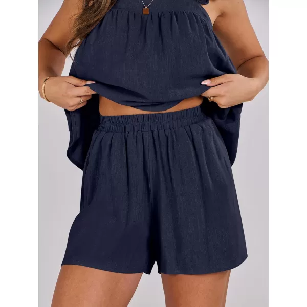 imageANRABESS Womens 2 Piece Outfits Linen Set 2024 Summer Cami Sleeveless Crop Top Shorts Vacation Matching Lounge SetNavy Blue