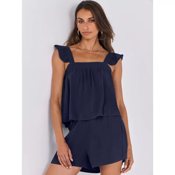imageANRABESS Womens 2 Piece Outfits Linen Set 2024 Summer Cami Sleeveless Crop Top Shorts Vacation Matching Lounge SetNavy Blue