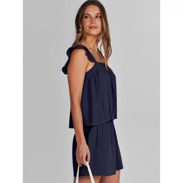 imageANRABESS Womens 2 Piece Outfits Linen Set 2024 Summer Cami Sleeveless Crop Top Shorts Vacation Matching Lounge SetNavy Blue