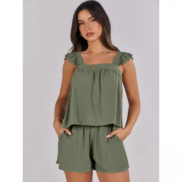 imageANRABESS Womens 2 Piece Outfits Linen Set 2024 Summer Cami Sleeveless Crop Top Shorts Vacation Matching Lounge SetOlive