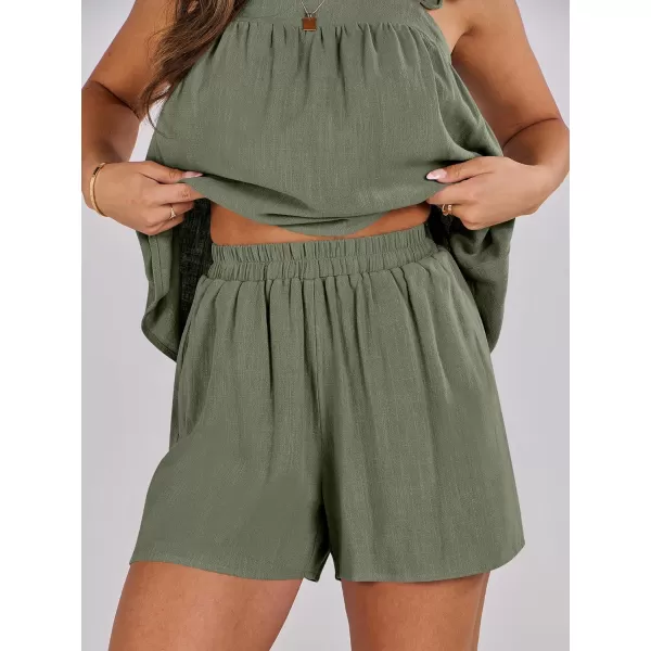 imageANRABESS Womens 2 Piece Outfits Linen Set 2024 Summer Cami Sleeveless Crop Top Shorts Vacation Matching Lounge SetOlive
