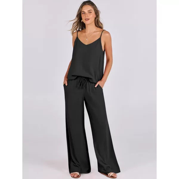 imageANRABESS Womens 2 Piece Outfits Linen Sleeveless Tops Drawstring Wide Leg Pants Matching Lounge Set with PocketsBlack