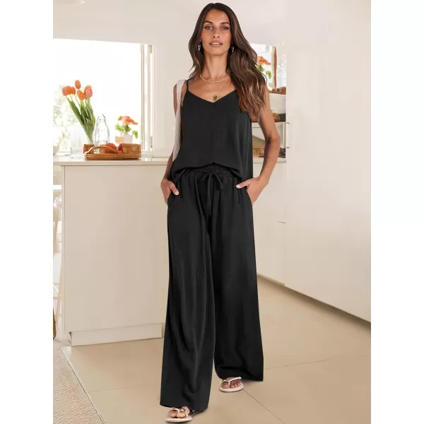 imageANRABESS Womens 2 Piece Outfits Linen Sleeveless Tops Drawstring Wide Leg Pants Matching Lounge Set with PocketsBlack