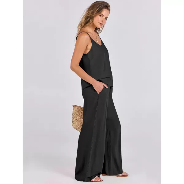 imageANRABESS Womens 2 Piece Outfits Linen Sleeveless Tops Drawstring Wide Leg Pants Matching Lounge Set with PocketsBlack