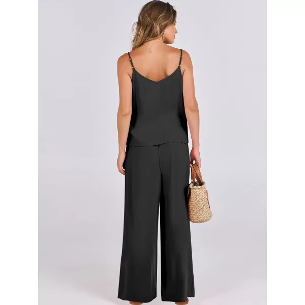 imageANRABESS Womens 2 Piece Outfits Linen Sleeveless Tops Drawstring Wide Leg Pants Matching Lounge Set with PocketsBlack