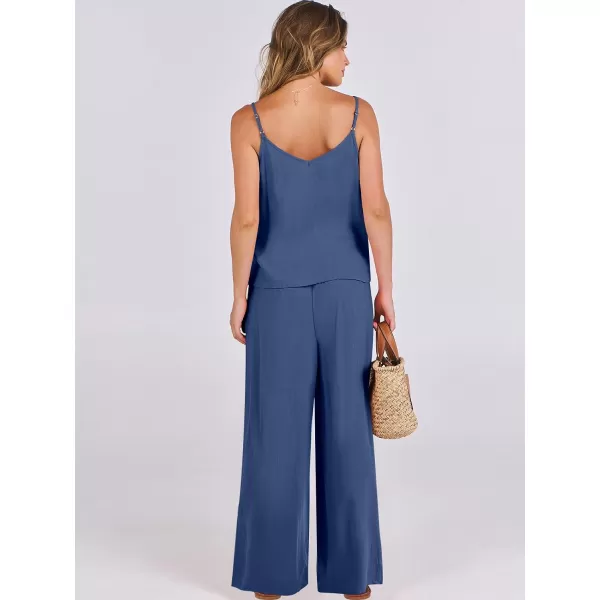 imageANRABESS Womens 2 Piece Outfits Linen Sleeveless Tops Drawstring Wide Leg Pants Matching Lounge Set with PocketsDeep Blue