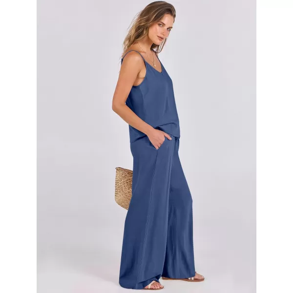 imageANRABESS Womens 2 Piece Outfits Linen Sleeveless Tops Drawstring Wide Leg Pants Matching Lounge Set with PocketsDeep Blue