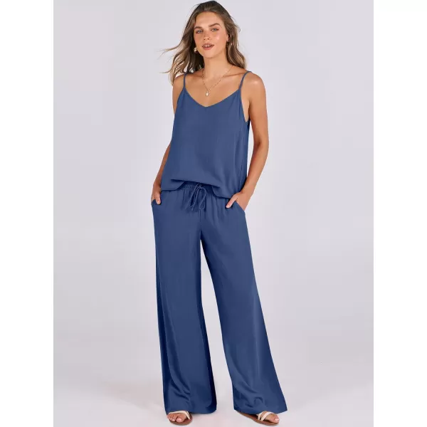 imageANRABESS Womens 2 Piece Outfits Linen Sleeveless Tops Drawstring Wide Leg Pants Matching Lounge Set with PocketsDeep Blue