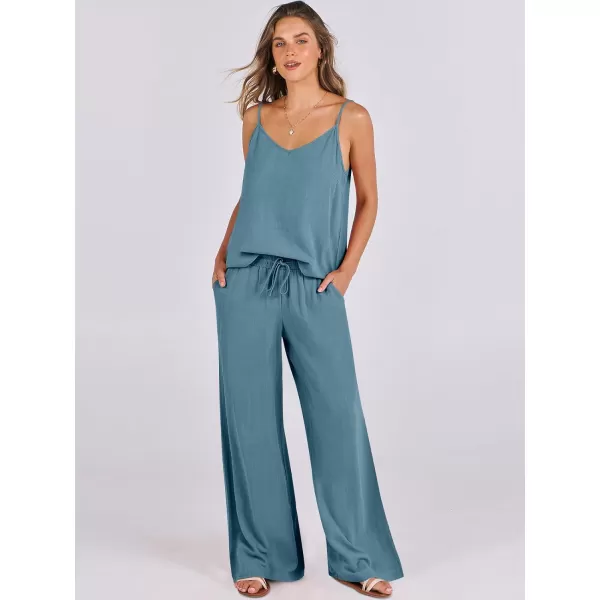 imageANRABESS Womens 2 Piece Outfits Linen Sleeveless Tops Drawstring Wide Leg Pants Matching Lounge Set with PocketsGray Blue