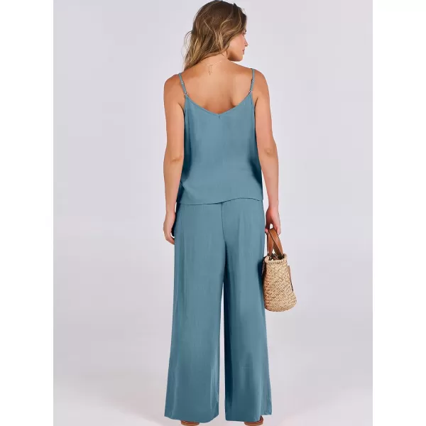 imageANRABESS Womens 2 Piece Outfits Linen Sleeveless Tops Drawstring Wide Leg Pants Matching Lounge Set with PocketsGray Blue