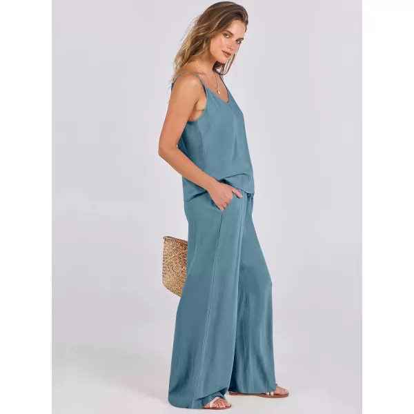 imageANRABESS Womens 2 Piece Outfits Linen Sleeveless Tops Drawstring Wide Leg Pants Matching Lounge Set with PocketsGray Blue