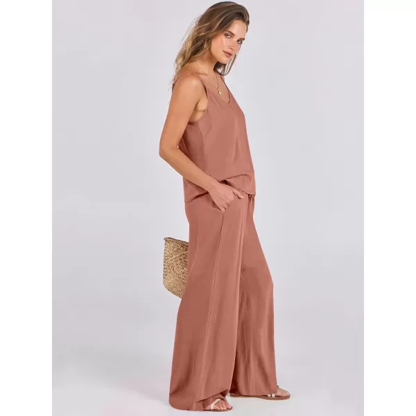 imageANRABESS Womens 2 Piece Outfits Linen Sleeveless Tops Drawstring Wide Leg Pants Matching Lounge Set with PocketsRust
