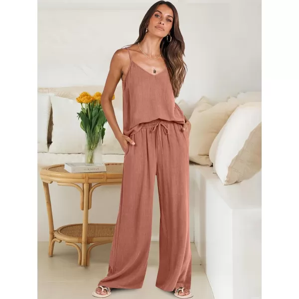 imageANRABESS Womens 2 Piece Outfits Linen Sleeveless Tops Drawstring Wide Leg Pants Matching Lounge Set with PocketsRust