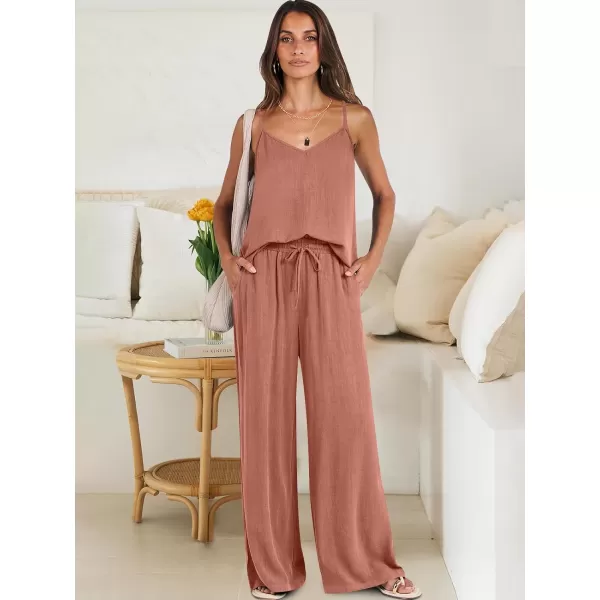 imageANRABESS Womens 2 Piece Outfits Linen Sleeveless Tops Drawstring Wide Leg Pants Matching Lounge Set with PocketsRust