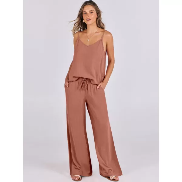 imageANRABESS Womens 2 Piece Outfits Linen Sleeveless Tops Drawstring Wide Leg Pants Matching Lounge Set with PocketsRust