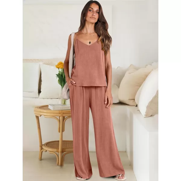 imageANRABESS Womens 2 Piece Outfits Linen Sleeveless Tops Drawstring Wide Leg Pants Matching Lounge Set with PocketsRust