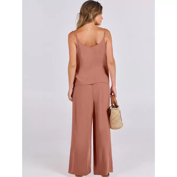 imageANRABESS Womens 2 Piece Outfits Linen Sleeveless Tops Drawstring Wide Leg Pants Matching Lounge Set with PocketsRust