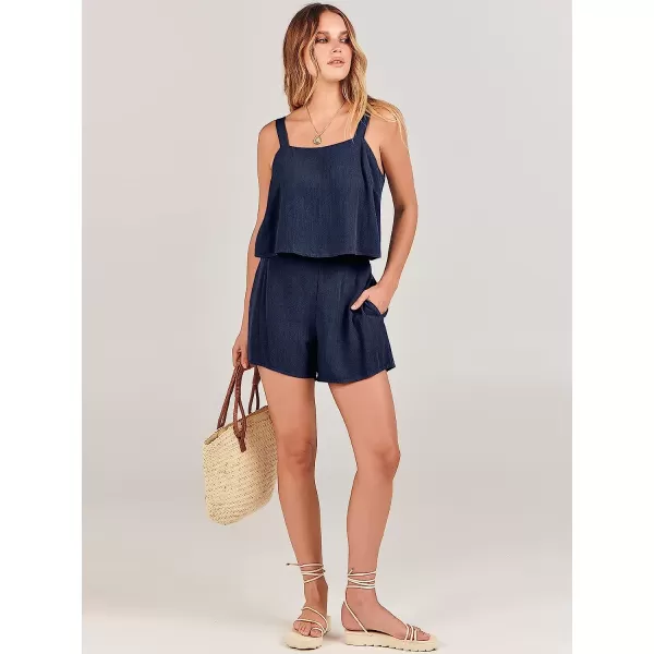 imageANRABESS Womens 2 Piece Outfits Linen Square Neck Crop Short Set Lounge Matching Sets 2023 Summer Trendy ClothesNavy Blue